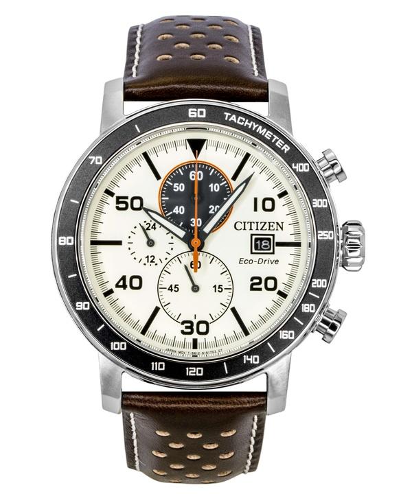 Citizen Brycen Chronograph Brown Leather Strap Ivory Dial Eco-Drive CA0649-06X 100M Men's Watch