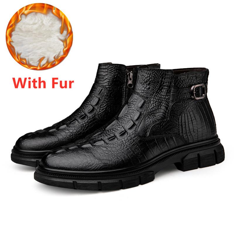 Fashion Super Warm Snow Boots for Men Luxury Brand Wool Winter Shoes Crocodile Pattern Men Casual Shoes Genuine Leather Men Ankle Boots
