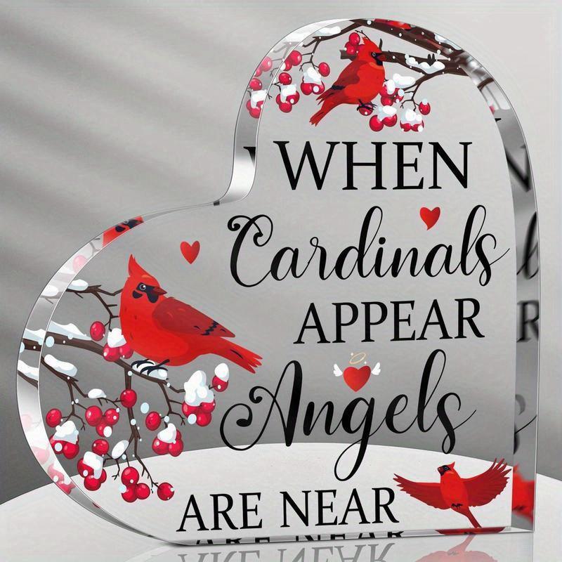 2D Flat  When Cardinals Appear Angels Are Near  Heart-Shaped Acrylic Memorial Desk Decor Plaque, Red Cardinals & Berries, suitable for wall decoration 10*10CM