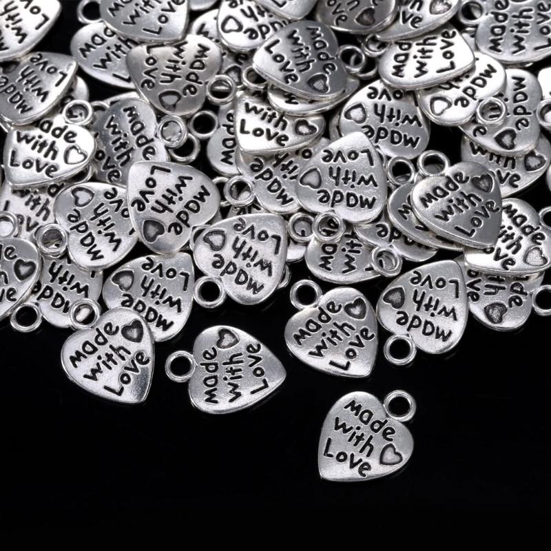 60pcs Heart Charm Made With Loves Pendant 12x10mm Tibetan Antique Silver Color Pendants Jewelry Making DIY Handmade Craft
