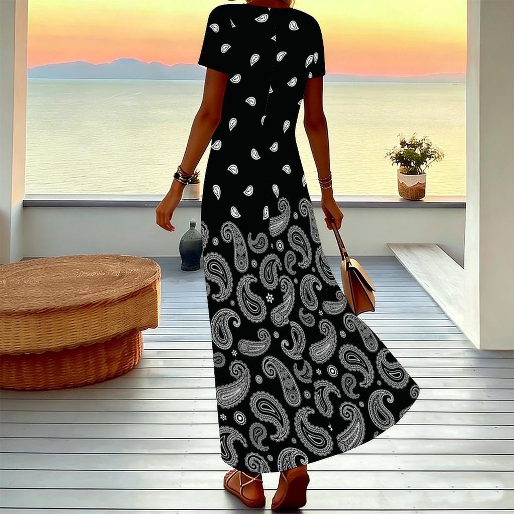 Women Plus Size V Neck Short Sleeve Maxi Dress Retro Paisley Print Loose Fit Summer Beach Long Dress