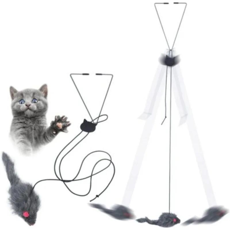 Cat Interactive Toy Hanging Door Retractable Cat Grab Rope Black Mouse Teasing Stick Indoor Cat Toys Entertain and Exercise Game