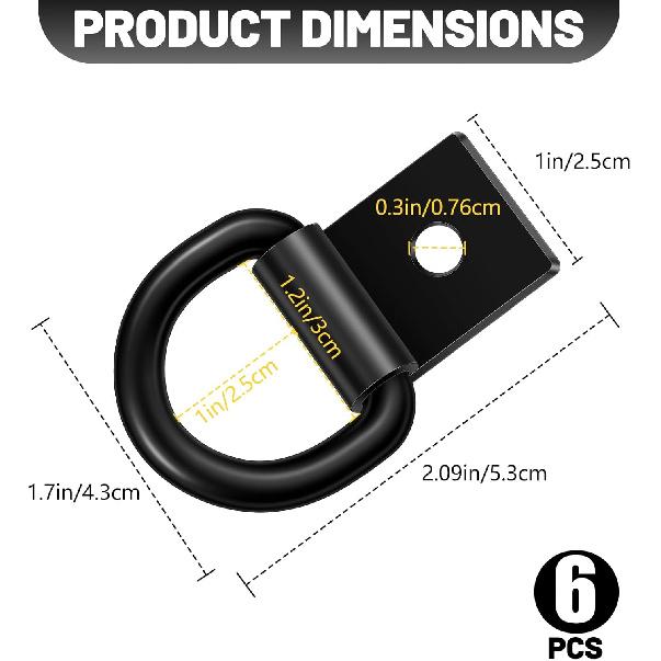 Garini Black D Ring Tie Down Anchors,6Pcs Heavy Duty D Ring With Screws,Surface Mount Hooks Securing Cargo For Trailer, Truck Bed Or Deliveries