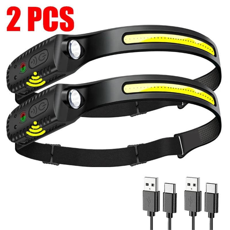 LED COB Sensor Headlamp USB Rechargeable Lamp with Built-in Battery 5 Lighting Modes Headlight Outdoor Emergency Working Lantern