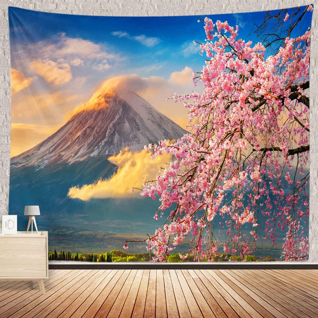 Japanese Pink Sakura Tapestry Cherry Blossoms Mountain Fuji Japan Wall Hangings Tapestry for Bedroom Living Room Dorm Home Decor 74x94cm(29x37in)