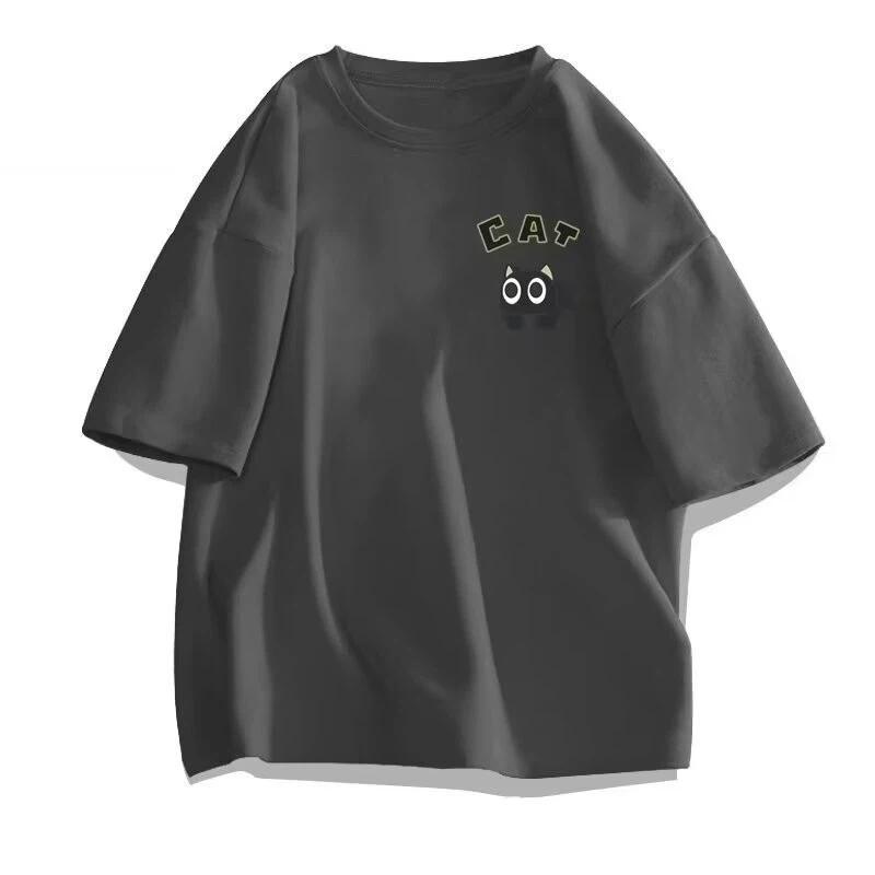 Men's Casual Oversized T‑Shirts Cute Black Cat Print Short Sleeve Tees Summer Loose Streetwear Basic Tops