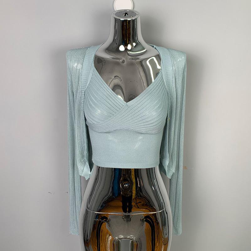 Korean Dongdaemun Fashion V-neck Knitted Camisole & Short Cardigan Set for Women