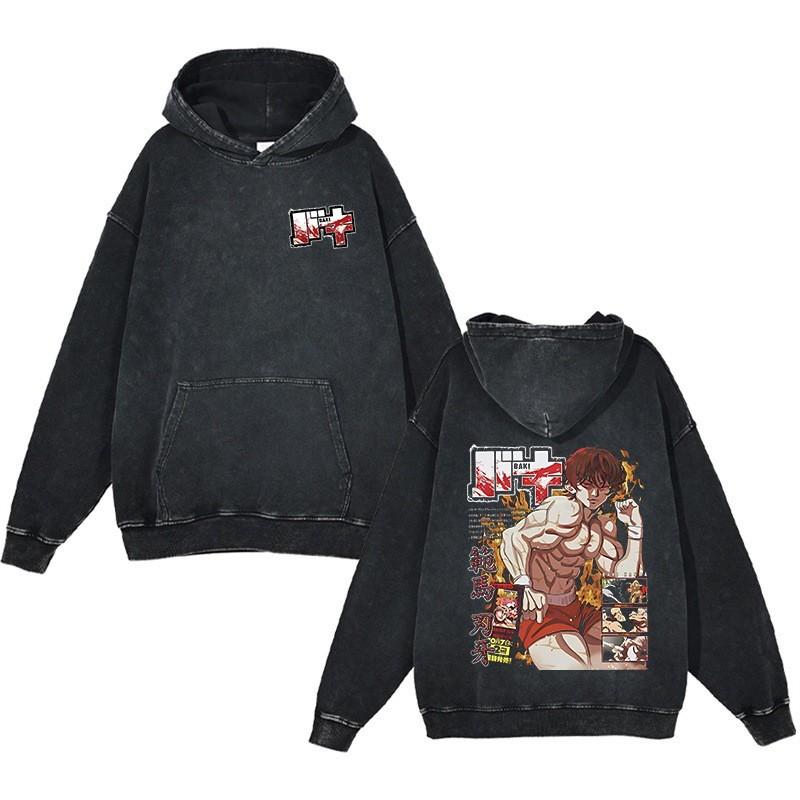 Baki Hanma Anime Streetwear Hoodie Heavyweight Cotton Washed Vintage Style Mens Long Sleeve Pullover