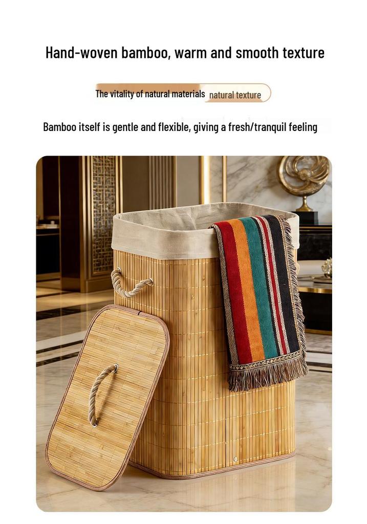 Large Bamboo Fabric Laundry Hamper with Lid - Foldable Bedroom Storage Basket