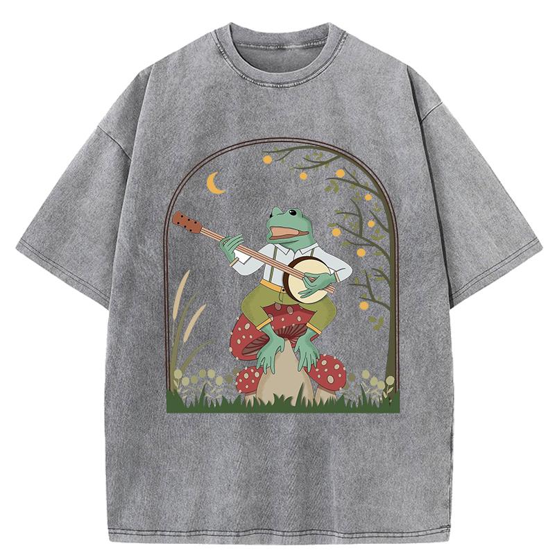 Frog Playing Banjo On Mushroom Printed Washed T-Shirt Women Casual Cotton T Shirt Y2K Tops Summer Oversize Streetwear