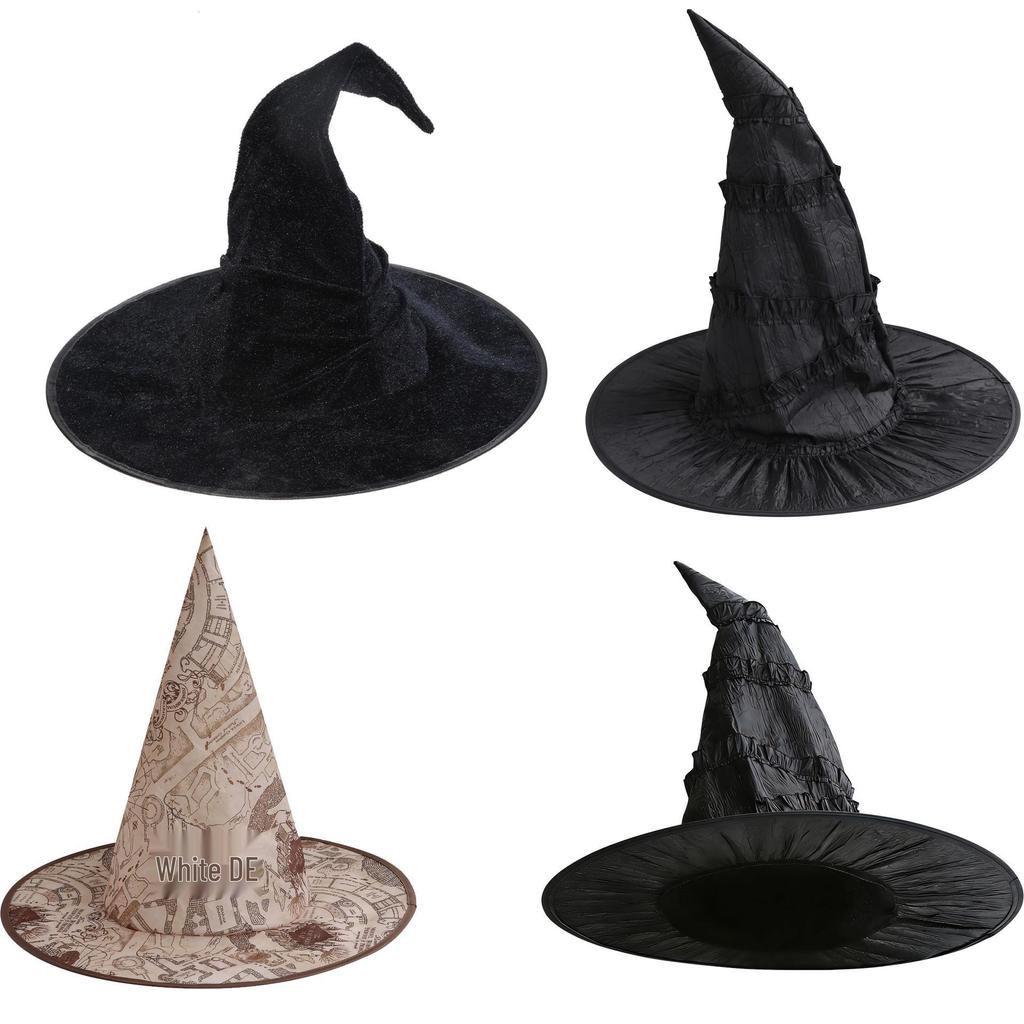 Black Ruffled Lace Velour Witch Hat with Harry Map Design