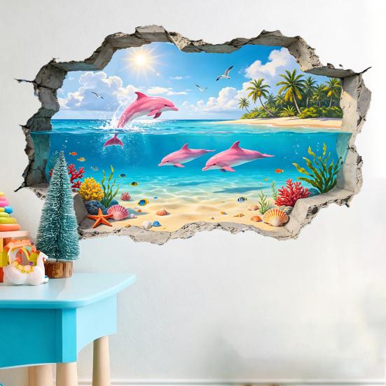 2 Peças de Adesivos de Parede 3D Praia Litoral, Golfinho Oceano Gaivota Palmeira Adesivo de Parede para Quarto de Crianças Bebês, Sala de Estar, Berçário