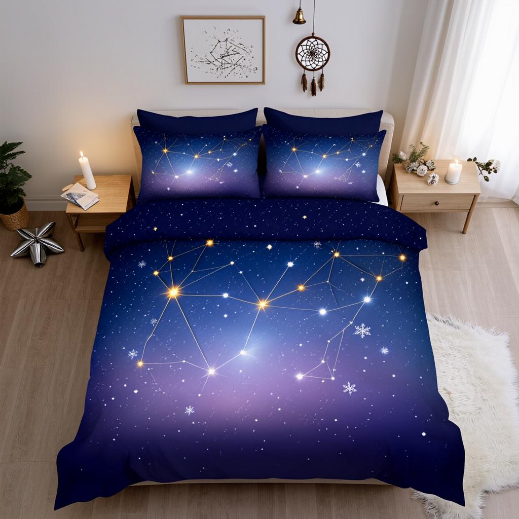 3-teiliges verträumtes Weihnachtsnacht-Himmel Bettwäscheset Polyester Glänzender Sternendruck Queen-Size Schlafzimmer für Erwachsene Geschenk