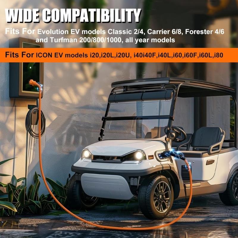 EV Charger Replacement Cord 10ft Length 3 Prong 120V Input Weather Resistant Construction For Multiple Golf Cart Brands