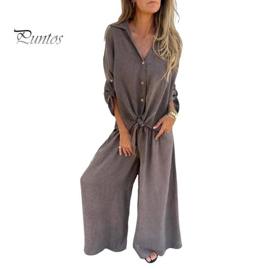 

Женский комплект из двух частей из хлопка и льна, топ с длинными рукавами и лацканами на пуговицах, подходящие к нему широкие брюки, повседневный комплект домашней одежды L серый