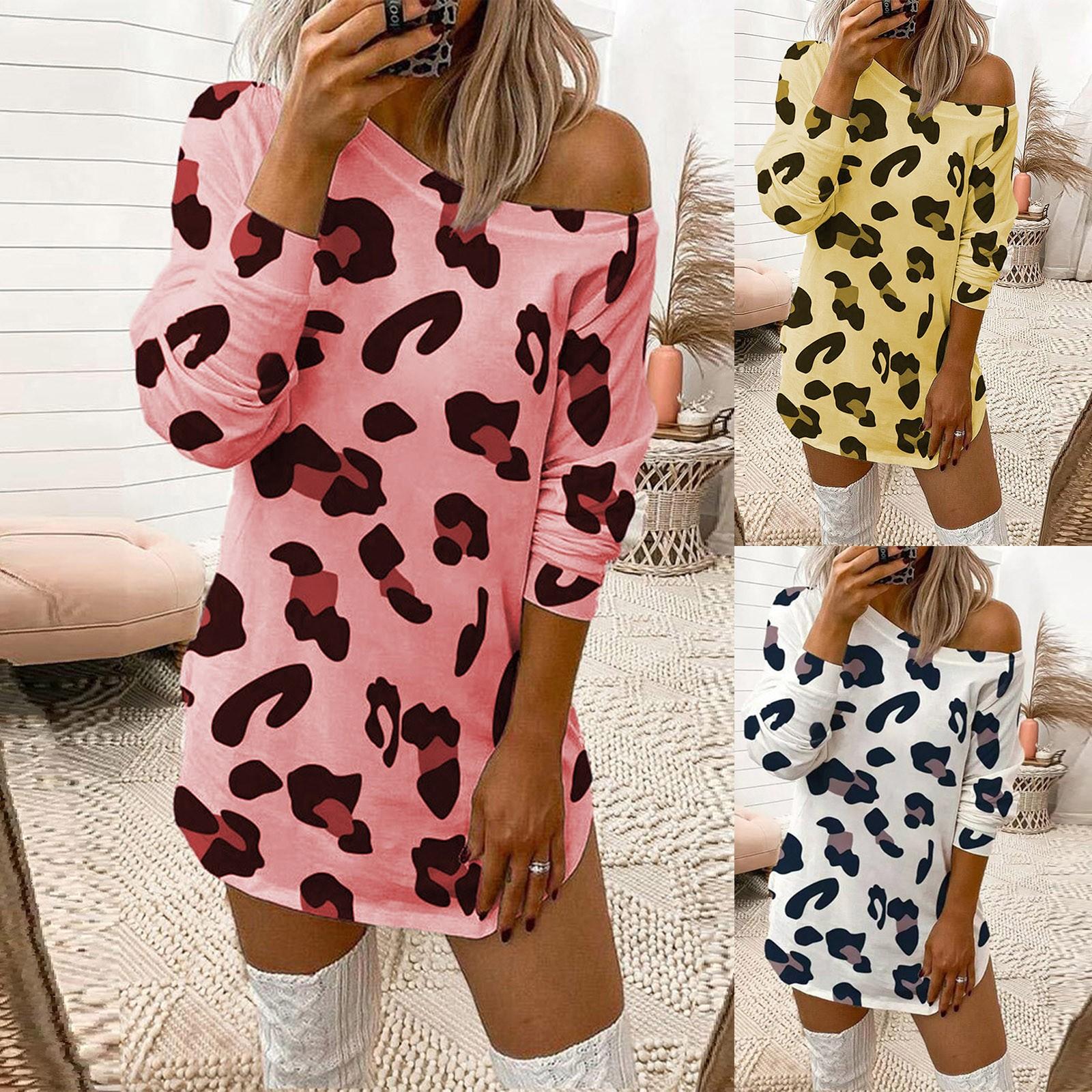 

Fashion Womens Long Sleeve Strapless Print Round Neck Long Sleeve Loose Dress