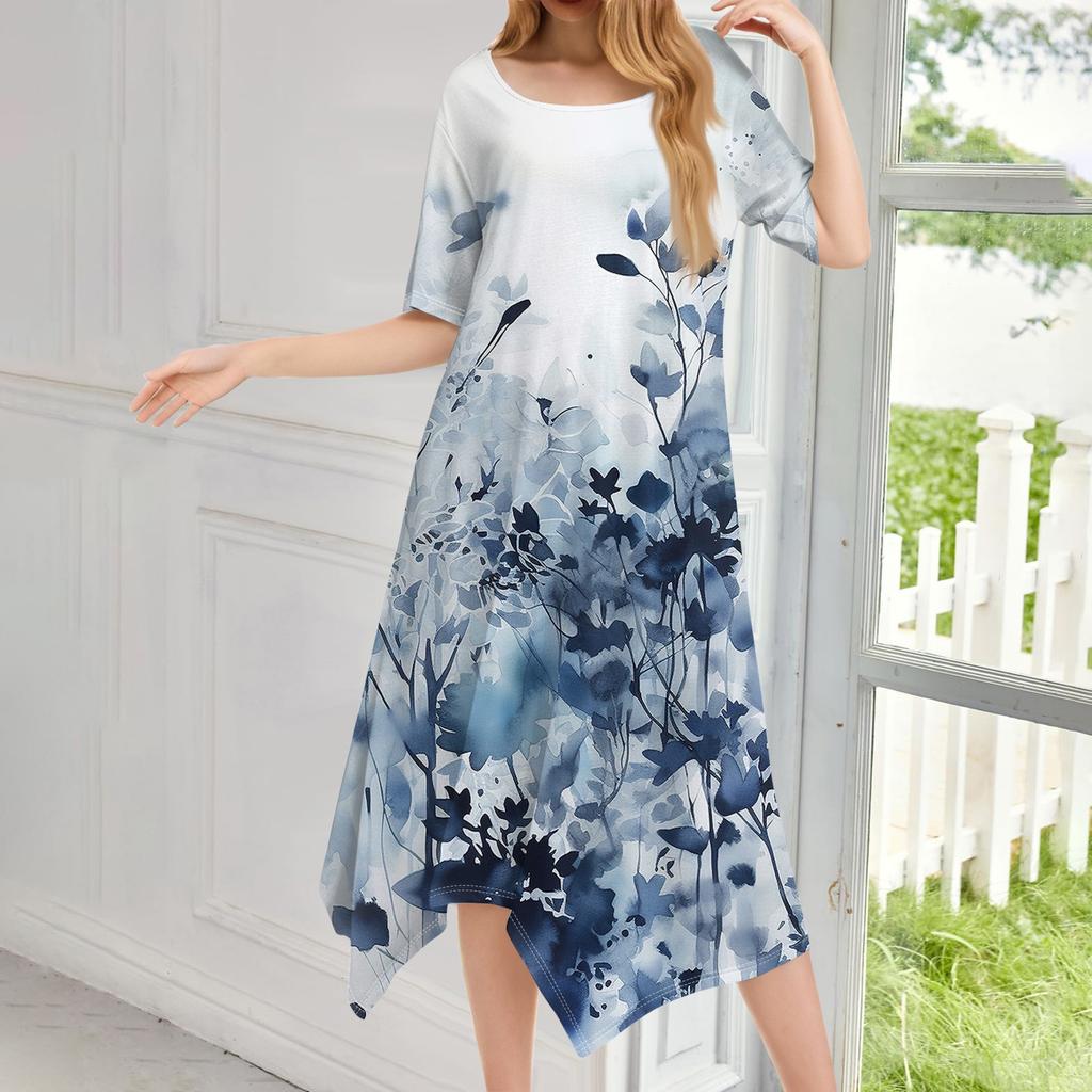Damen Casual Mode Rundhals Kurzarm Druck Unregelmäßiger Saum Midi-Kleid
