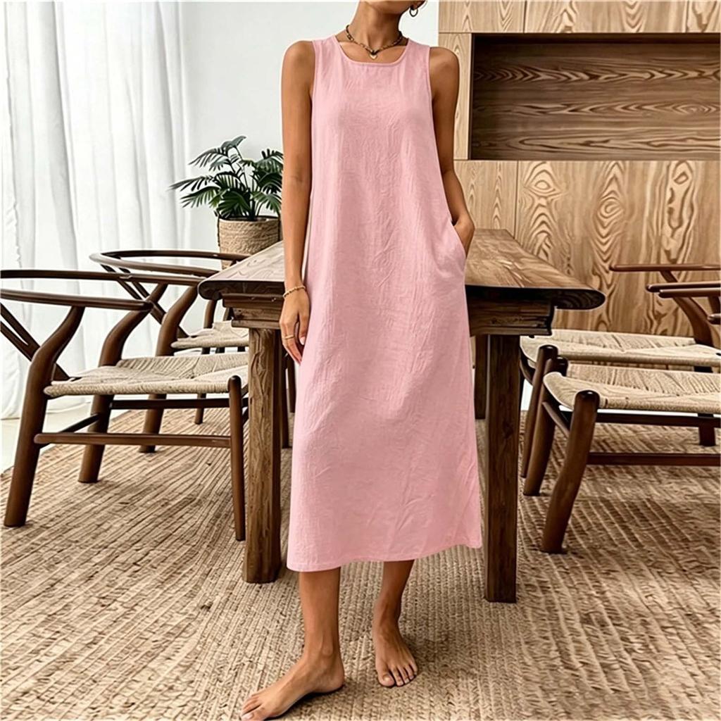 Ärmelloses Damen-Freizeitkleid aus Leinen-Baumwollmischung, Midi, lockere Passform, Rundhalsausschnitt, Sommer-Strandkleid mit Taschen