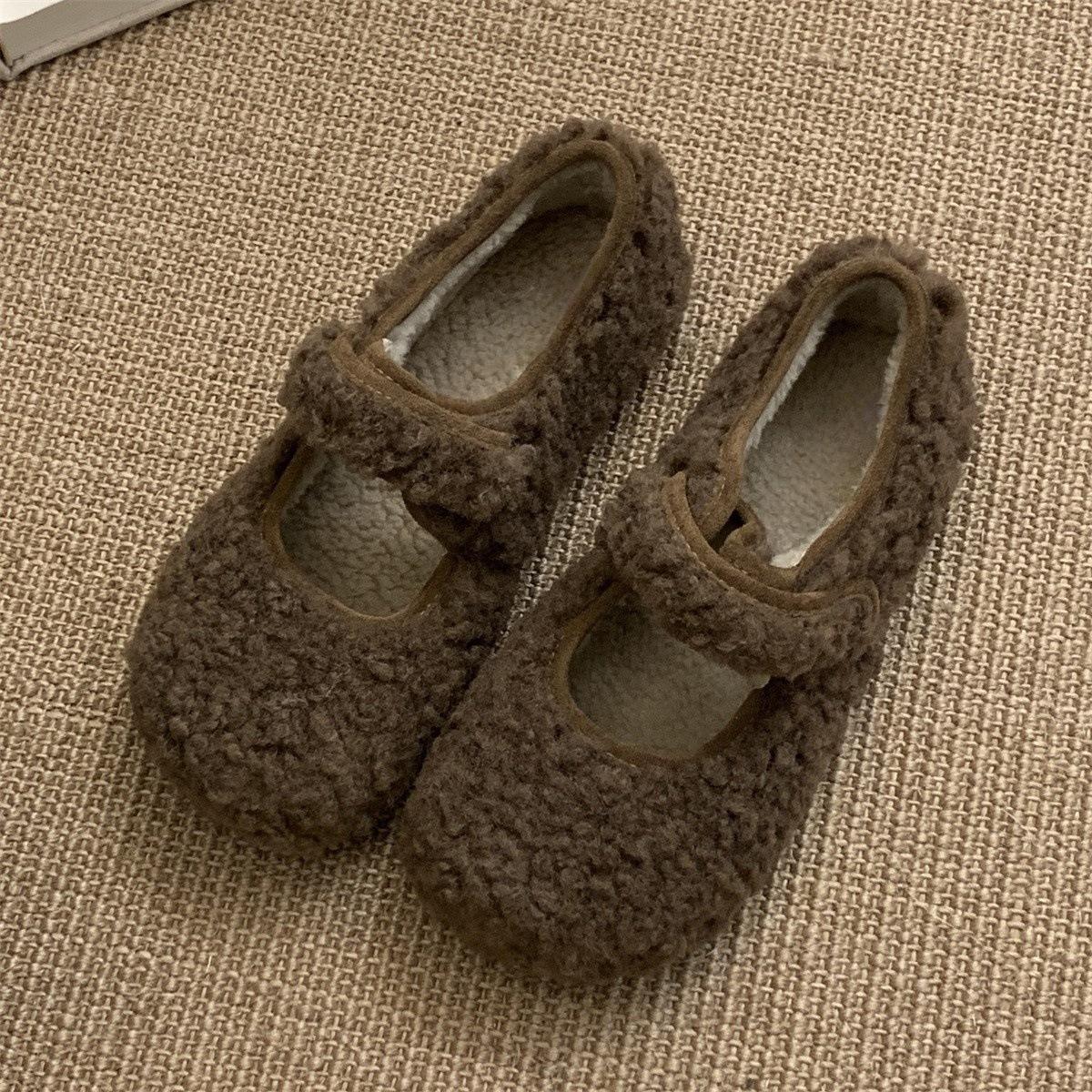 

Mao Mao shoes wear Korean version fairy wind velvet warm cotton shoes flat Mary Jane Doudou shoes in winter 40 темно-коричневого кольору