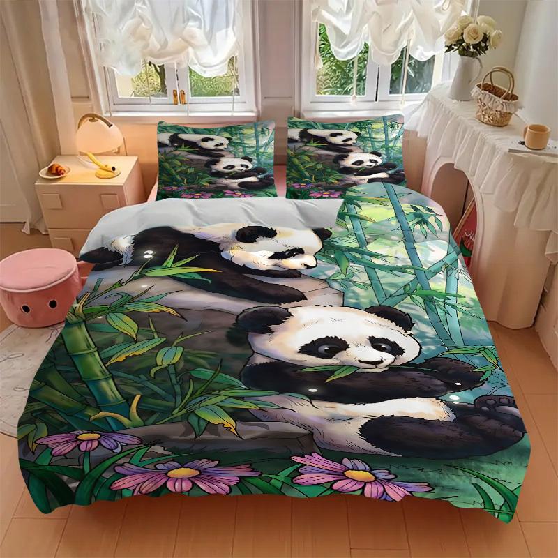 3-teiliges Panda Bambuswald Bettwäsche-Set - Enthält 1 Bettbezug und 2 Kissenbezüge, Ohne Bettdeckenbezug, Ganzjahres Heimdekoration yy251111123