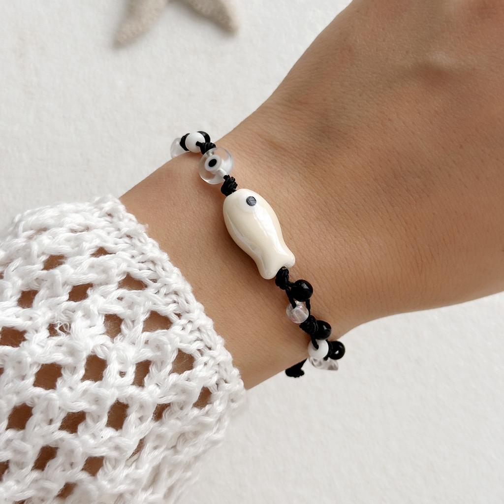 

Керамический двусторонний браслет с бусинами в виде рыбок и «счастливым глазом» для женщин, подарок белый