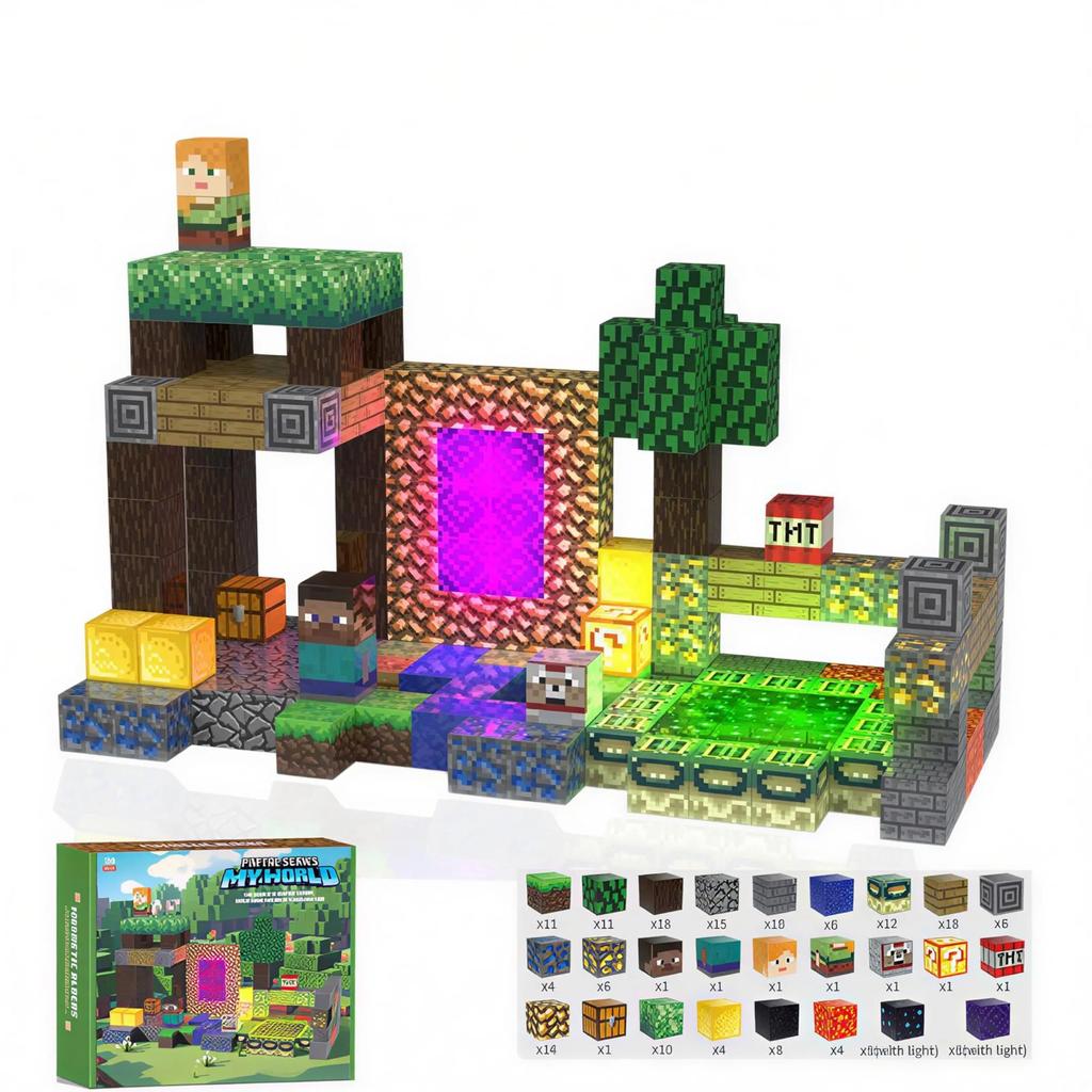 YOIKO Magnetic Blocks 180PCS Teleport Theme Minecraft Style Magnetic Block Set 2cm with 15 Blocks Educational Toy for Elementary School Kindergarten