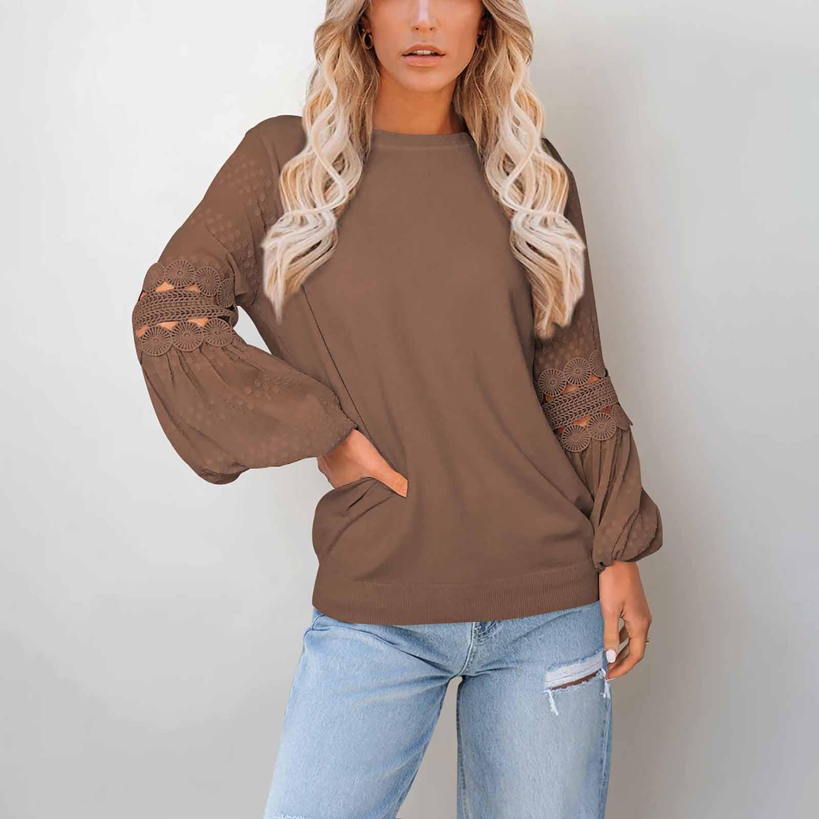 

Женская однотонная модная футболка с длинными рукавами и круглым вырезом, топ, темперамент, универсальная футболка с рукавами M кофейный