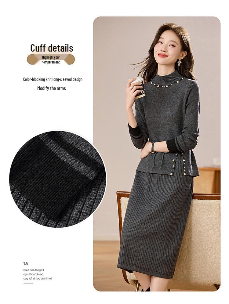2026 Beaded Knit Sweater Dress - Women's Mid-Length Autumn Winter Solid Color Vest Dress