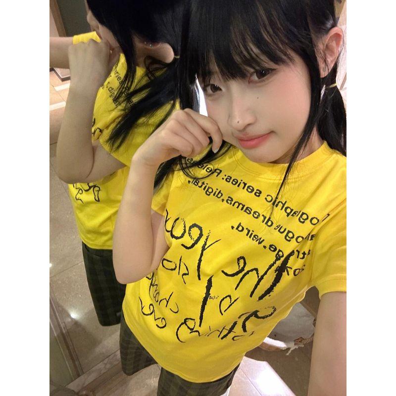 

[40-Count 210g Combed 95% Cotton + 5% Spandex Back Collar] Slim Fit, Flattering, Regular Shoulder Short-Sleeve T-Shirt for Women, Yellow Yellow XL