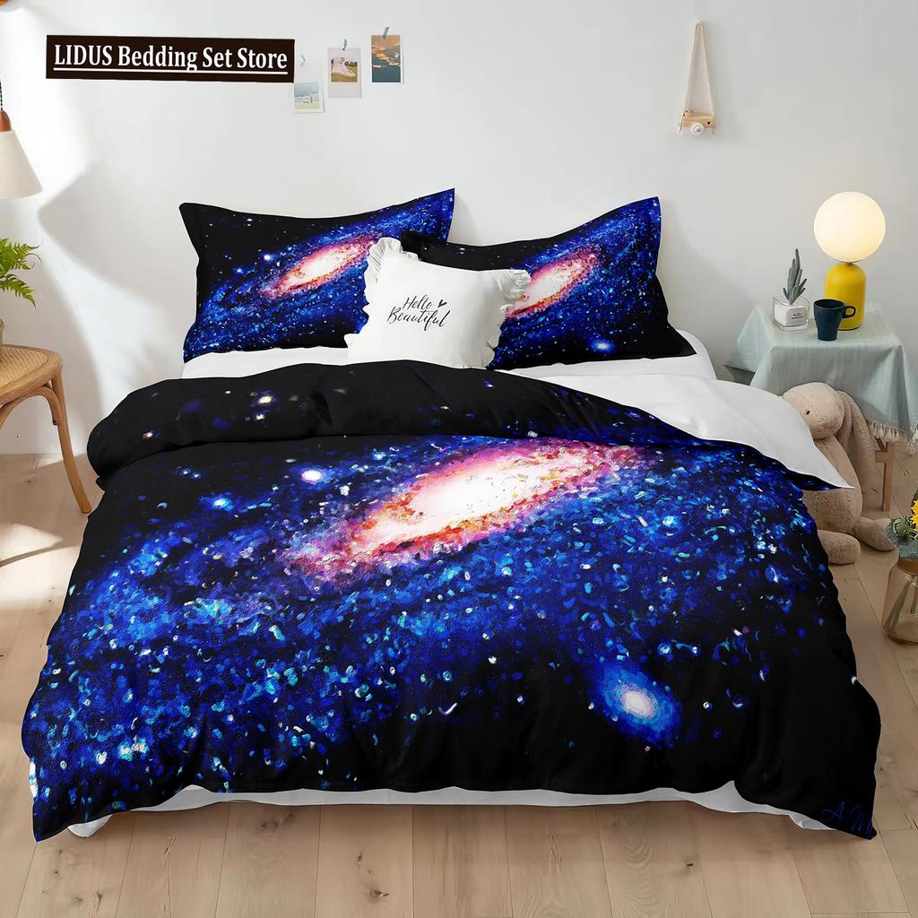 Starry Sky Polyester Duvet Cover Set King Size White Star Colourful Galaxy Starry Space Nebula Abstract Cosmos For Boy Girl Kids
