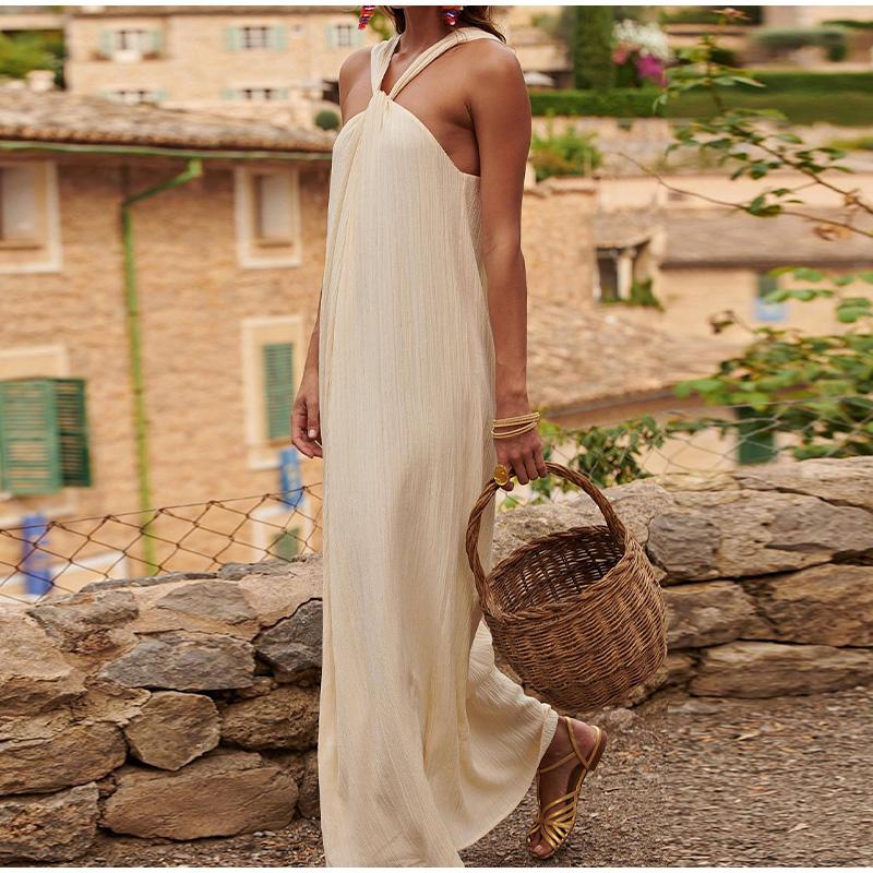 White Halter Dress Loose Off Shoulder Solid Color Causal Sleeveless Dresses Women's Vacation Beach Robe Simple Daily 2025 Summer