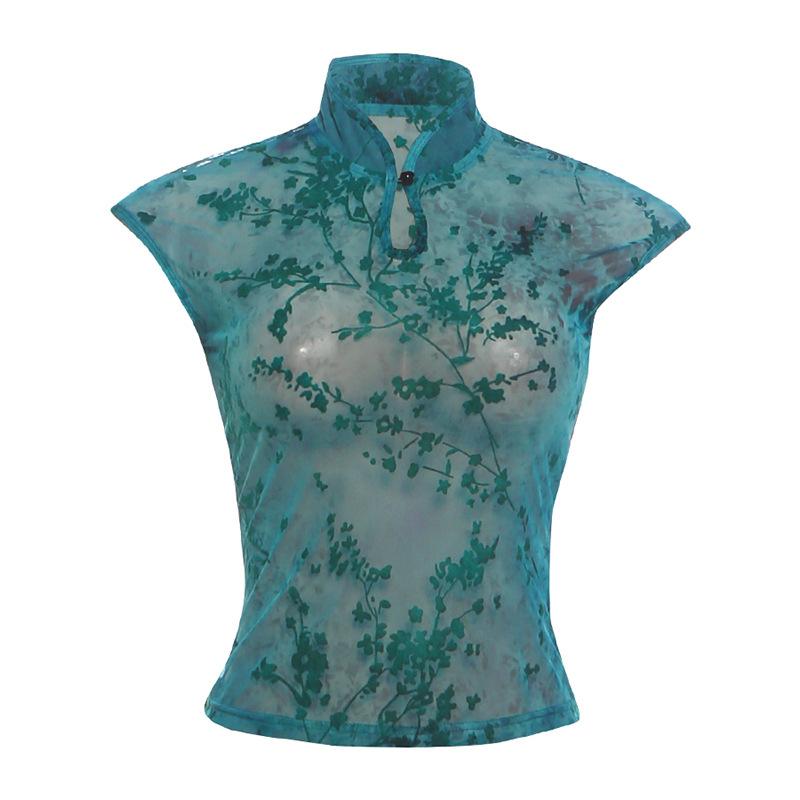 European and American spring new women's clothing fashion printing slim cheongsam collar personalized perspective sleeveless waist top women