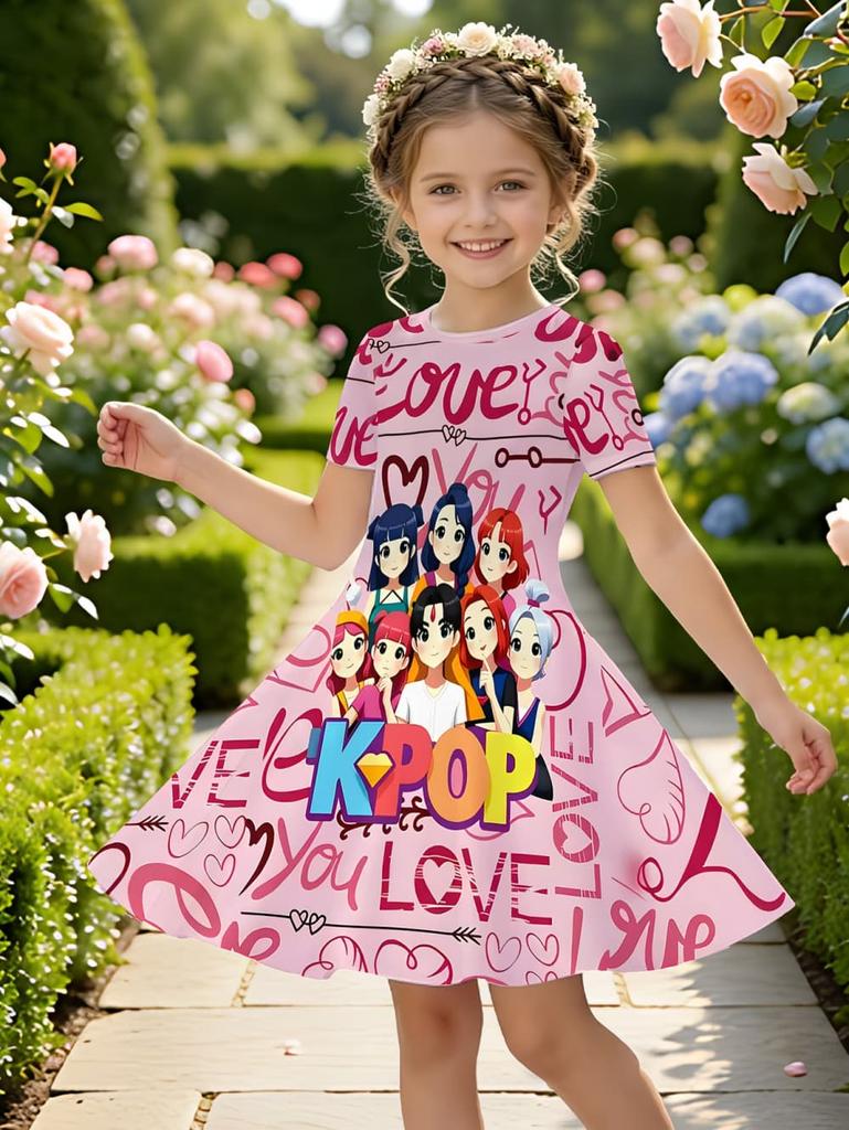 Kpop Cartoon Grafikkleid für Mädchen Lustiges Geschenk für Fans Harajuku Mädchen Kleidung Sommer Oberteile Kurzarmkleid Kinderkleidung