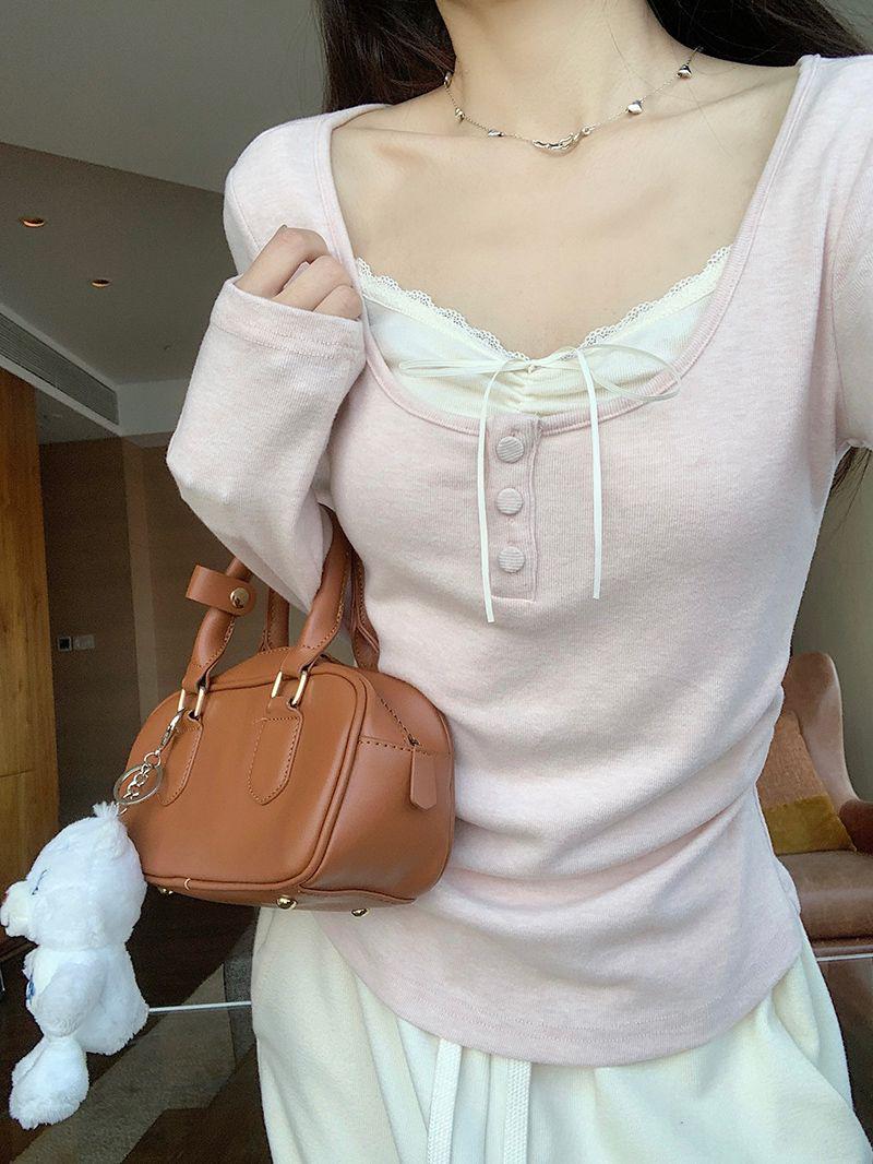 

Two-Piece Effect Lace Patchwork Long-Sleeve Women s Slimming Top Small