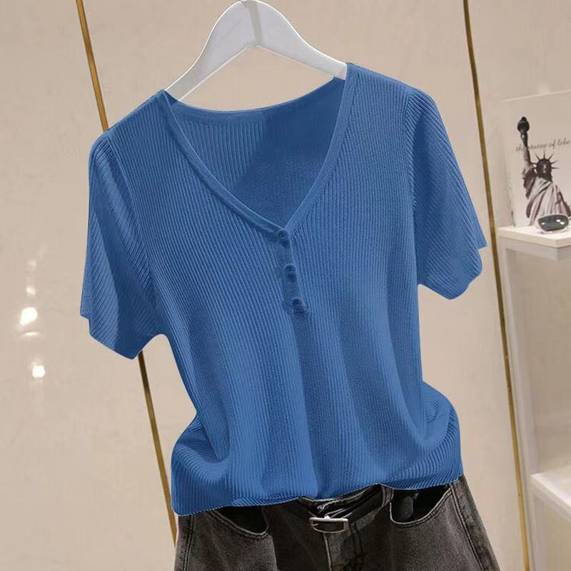 Women Ice Silk Short Sleeve Knitted V Neck T Shirt Versatile Pullover Simple Top