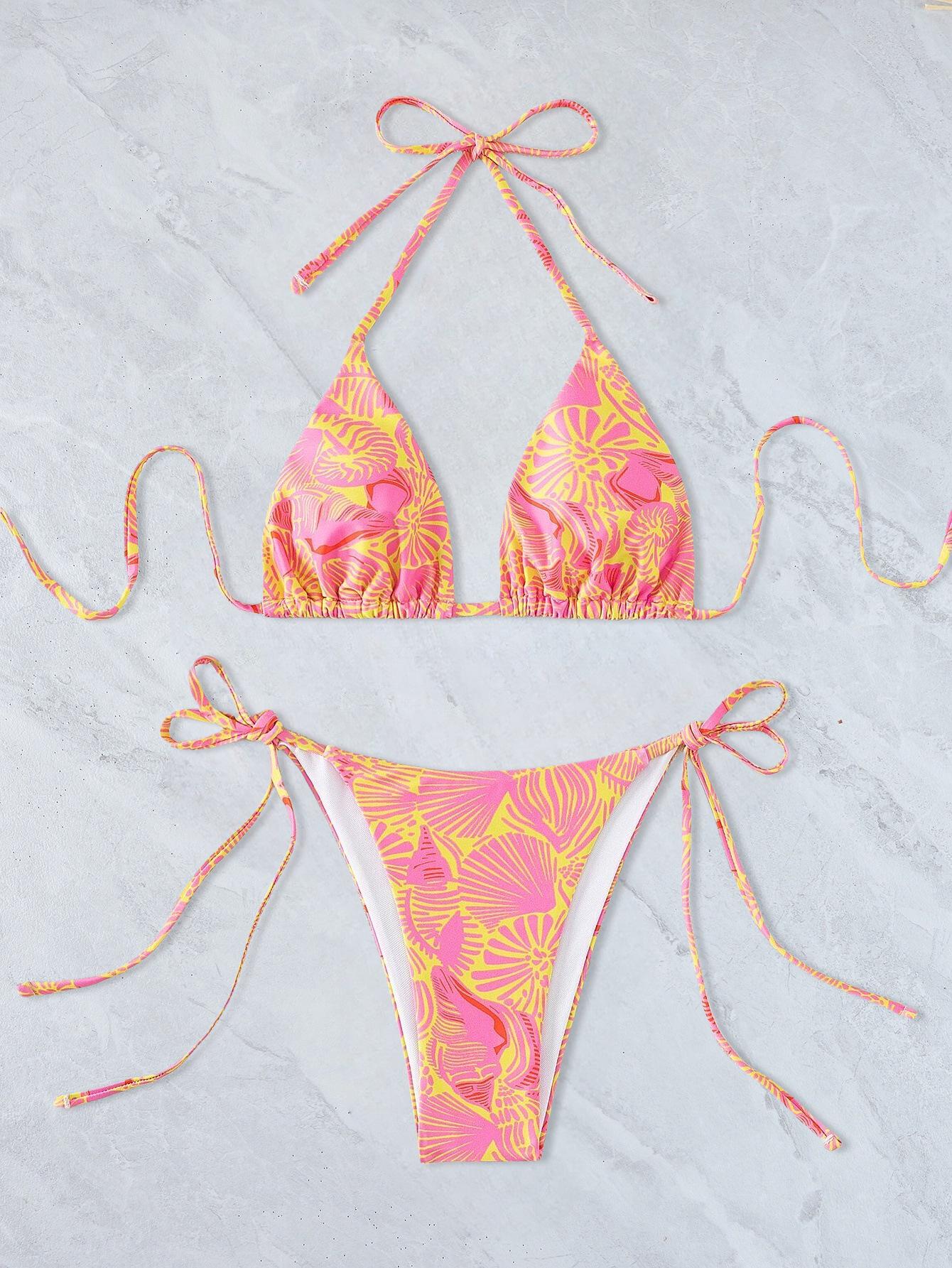 

2025 Цифровой принт Халтер Бикини - Женский раздельный купальник на завязках Large розовый