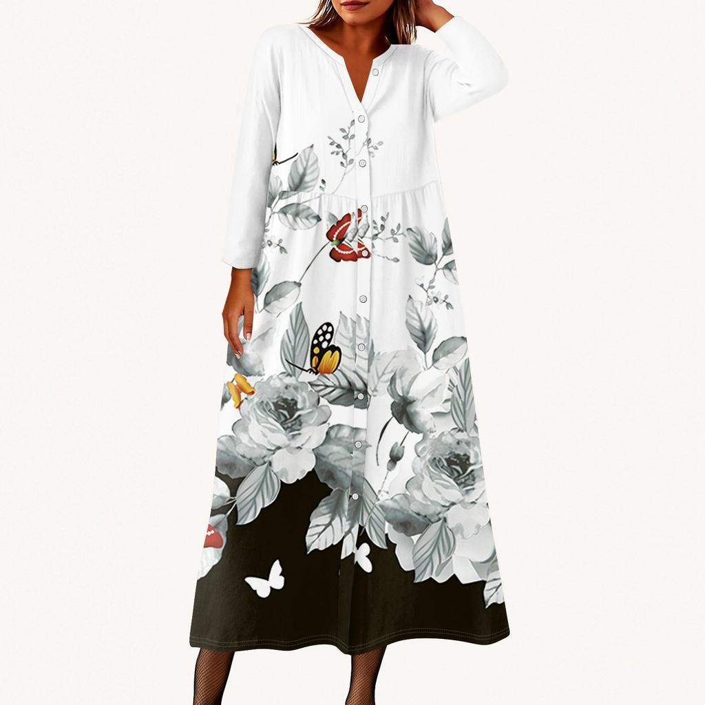 Dámské módní tištěné kulaté sedmiminutové rukávy knoflíkové volné košilové šaty