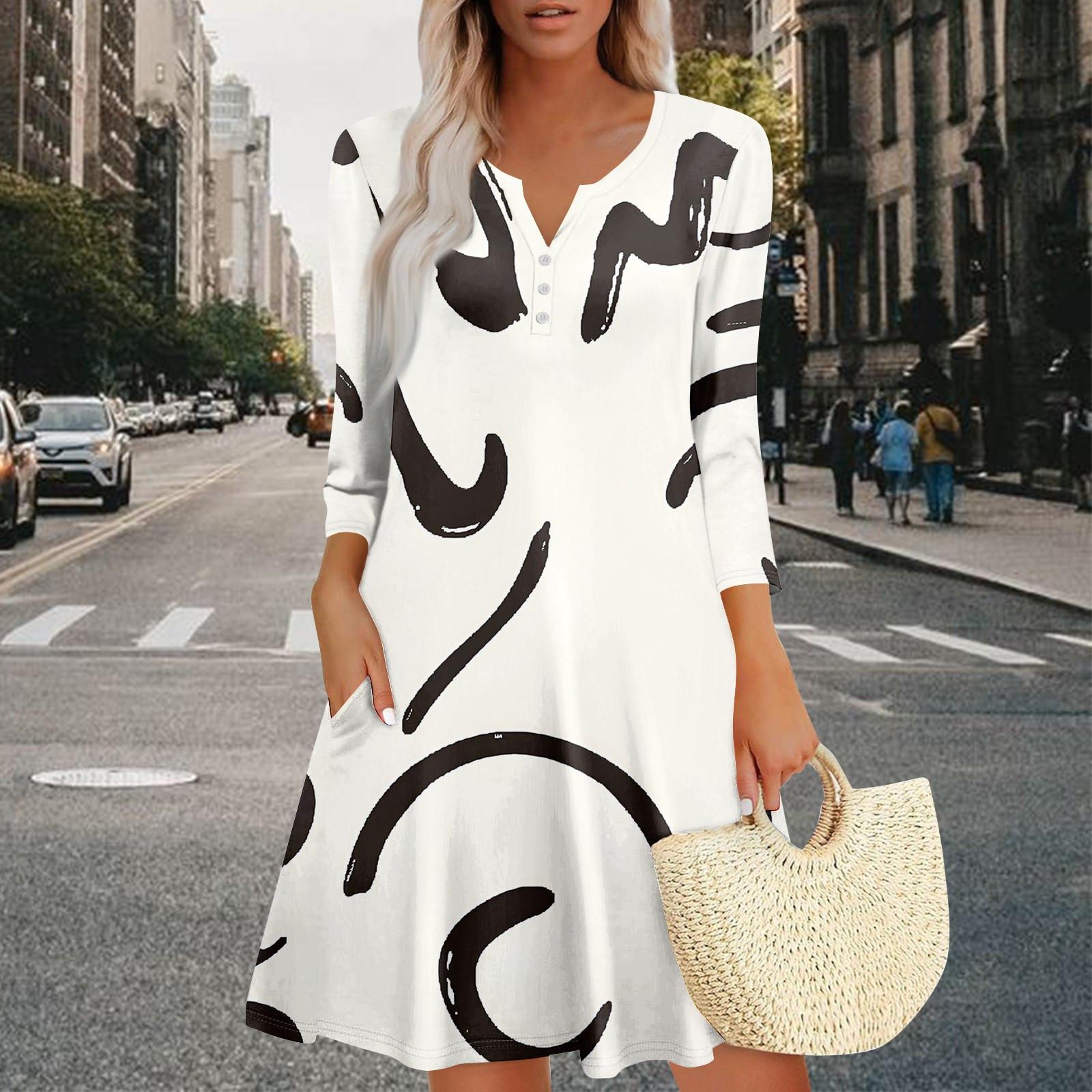 

Женское летнее платье, свободное платье с V-образным вырезом, рукавом три четверти и карманами S