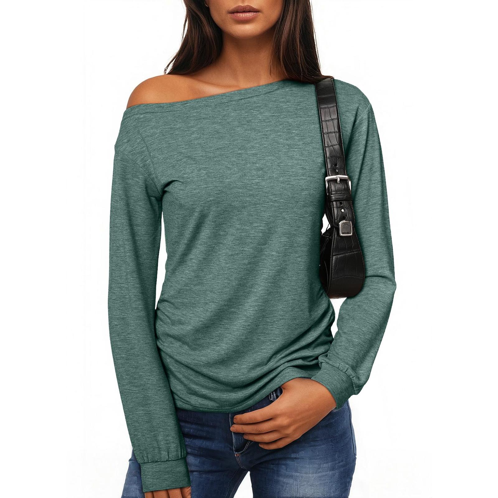 

Женский модный универсальный топ свободного кроя с открытыми плечами однотонный S зелёный