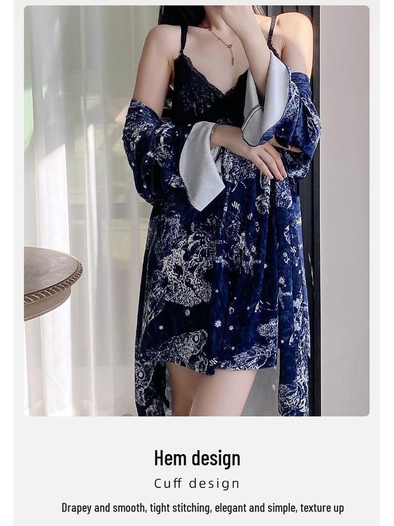 2025 Women's Gold Velvet V-Neck Pajamas - Long Sleeve, Mid-Length, Loose Fit, Autumn Fairy Style Homewear