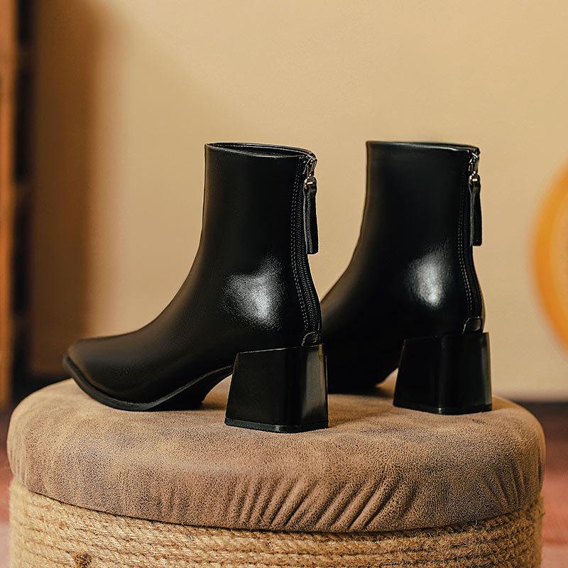 Coarse Heel Short Boots Women's Medium Heel Soft Leather Rear Zipper Medium Tube Fashion Boots 2025 New Women's Boots Pointed Thin Boots