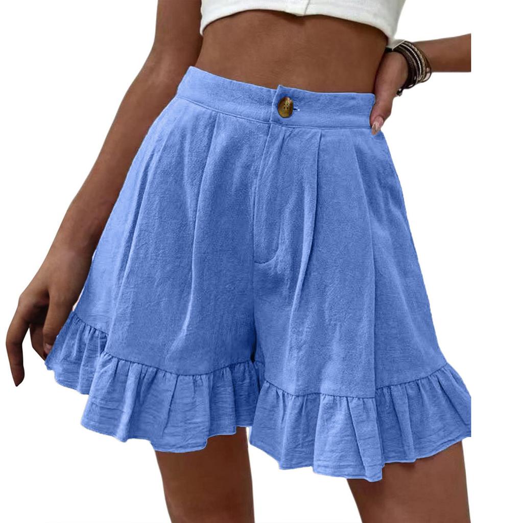 Women's Fashionable Loose-Fit Cotton-Linen Blend Casual Shorts With Pockets -Color Ruffled Wide-Leg Pants