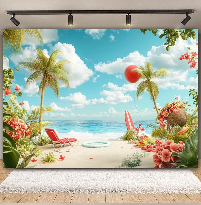 Summer Beach Backdrop Hawaii Tropical Seaside Sunshine Blue Sky Palm Tree Baby Birthday Holiday Party Photography Background