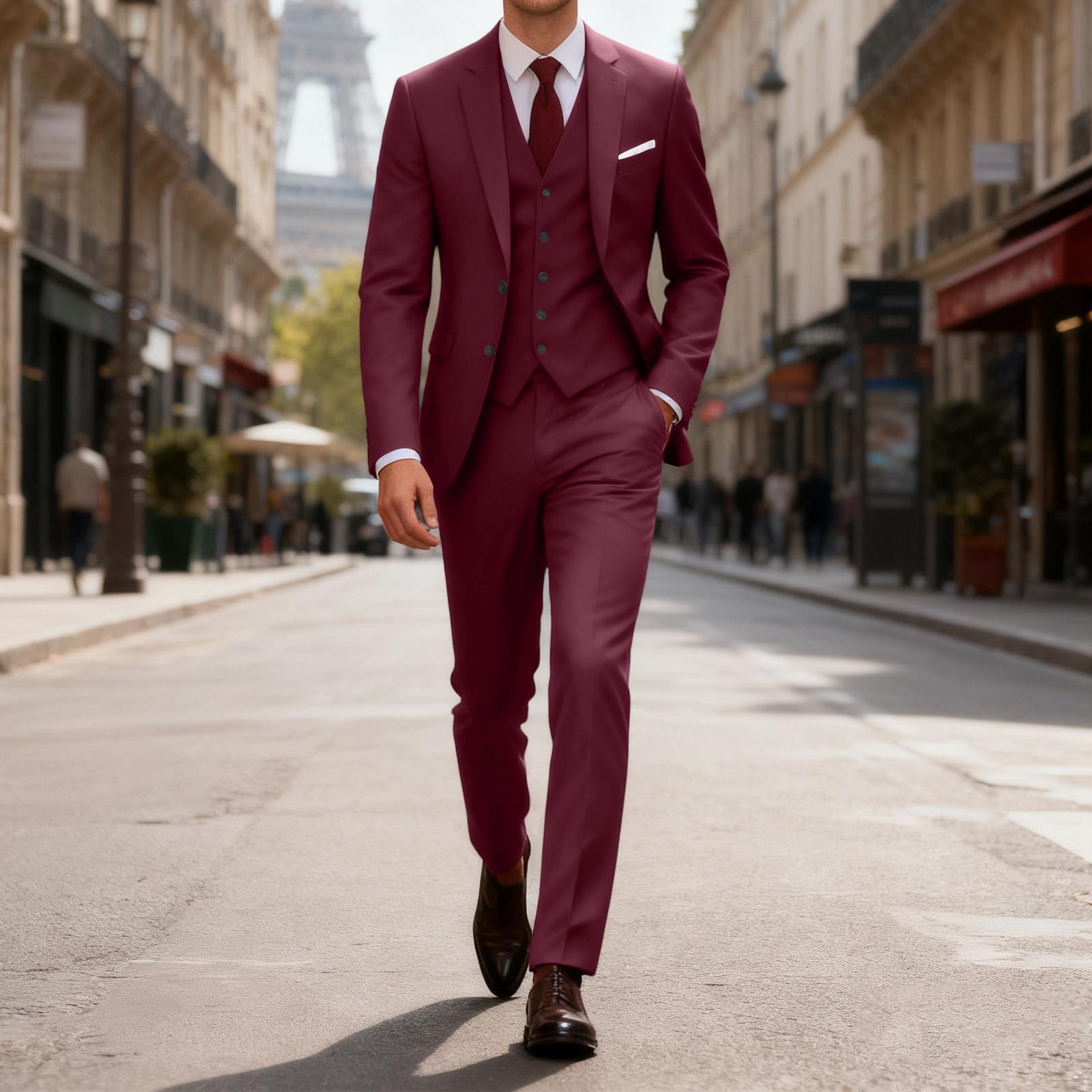 

Men s Slim Fit Suit, One Button Three Piece Set, Business Wedding Party Formal Suit, Jacket, Vest And Pants S винный