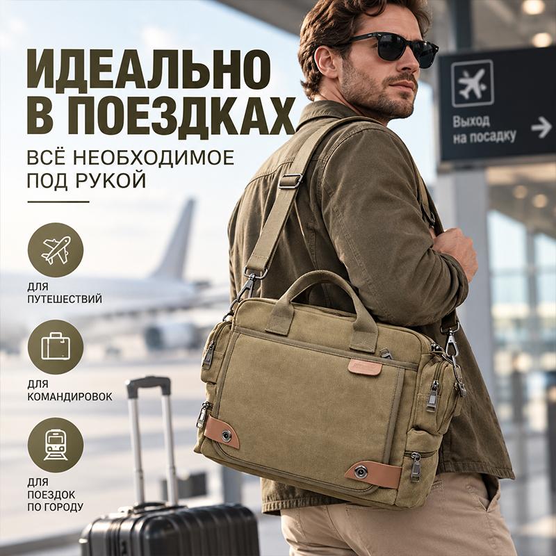 Durable Canvas Men Laptop Messenger Bag, Multi‑compartment Briefcase Handbag with Detachable Strap, Vintage Crossbody Bag for Office Work