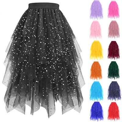 Women's Asymmetrical Star-Print Tulle Sequin Skirt With Puffed Tulle Hem
