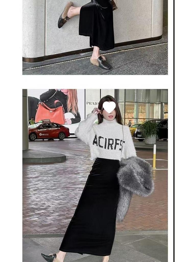 Black Gold Velvet High-Waist Midi Skirt with Slit - Retro Slimming Pencil Style for Autumn/Winter 2025