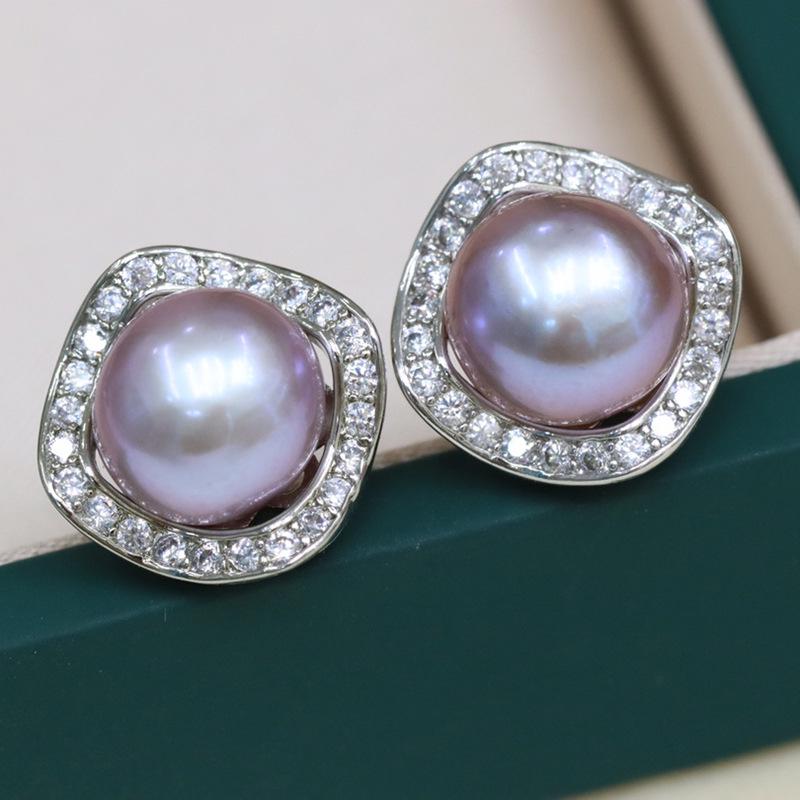 18K Gold Plated Freshwater Pearl Stud Earrings with Zircon, 8-9mm, Fashionable and Versatile for Women.