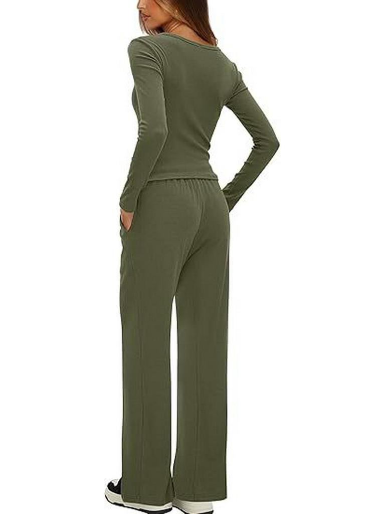 European & American Women's Solid Color Long-Sleeve Two-Piece Button Round Neck Pants Set