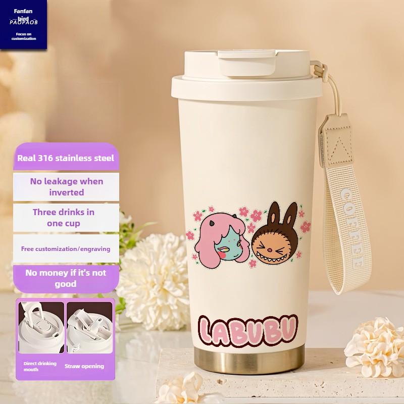 Tecknad Rostfri Stålkopp Högvärdig Termosmugg 3D Dubbel Drickstrå Kaffekopp